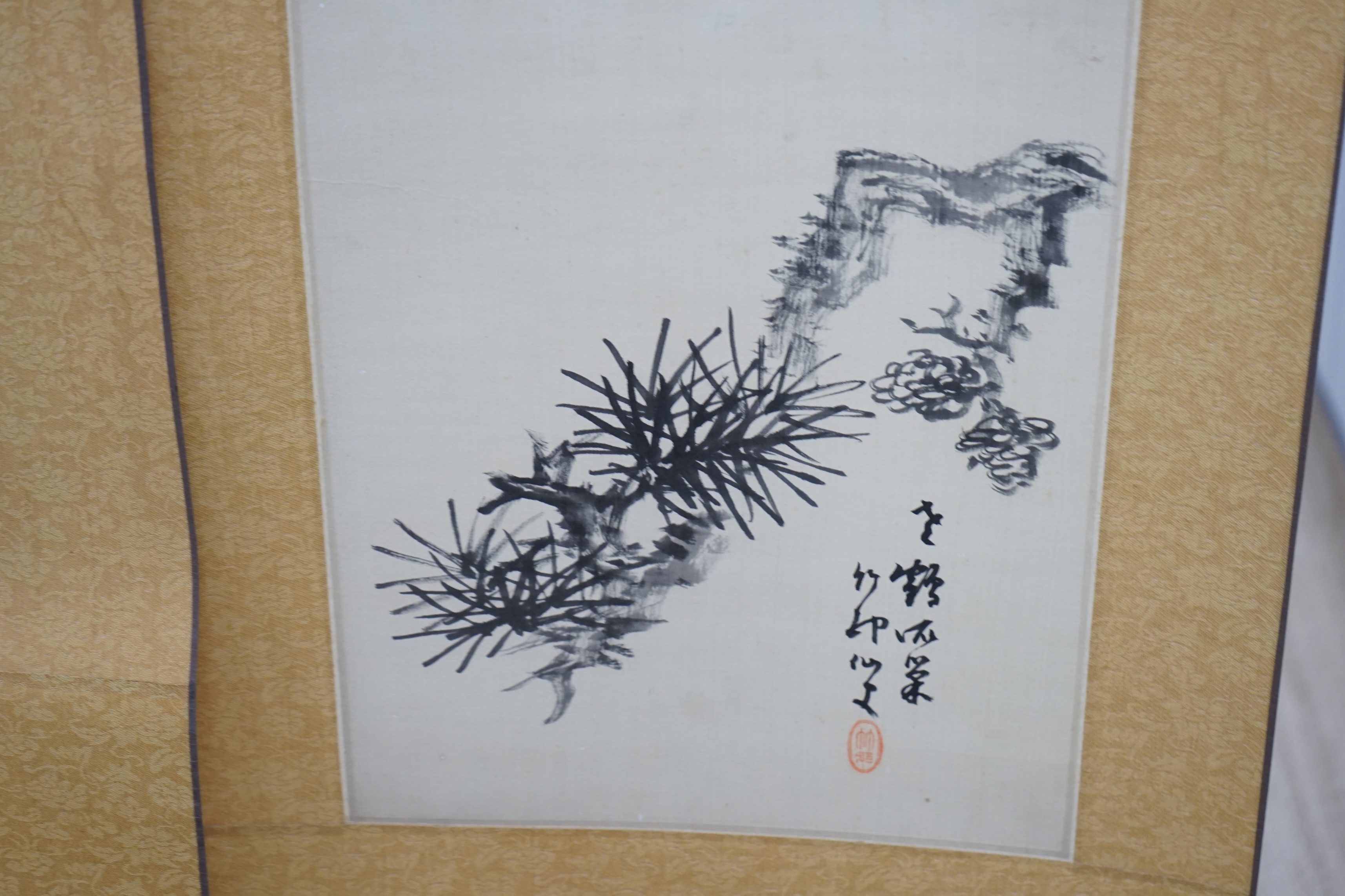 Chikusen, woodblock printed scroll, Pine-Hasu Branch and Saneatsu Mushakoji, boxed, largest 34 x 26cm. Condition- fair to good, some light staining